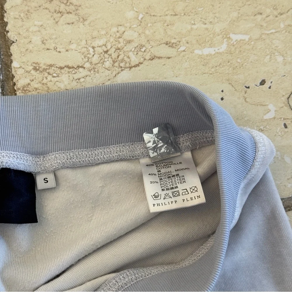 Philipp Plein Gray Velour Pants with Teal Crystal Skull Logo, Size S